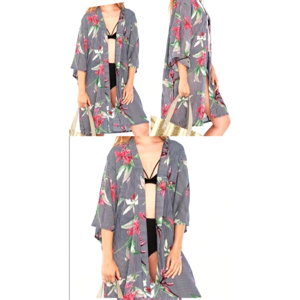 ANTHROPOLOGIE Do Everything In Love TROPICAL PRINT Open Front KIMONO COVER-UP OS
